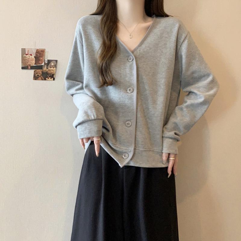 The Real Shot of the New Collar Sweater Women's Thin Loose Solid Color Single-breasted Cardigan Top Short Coat