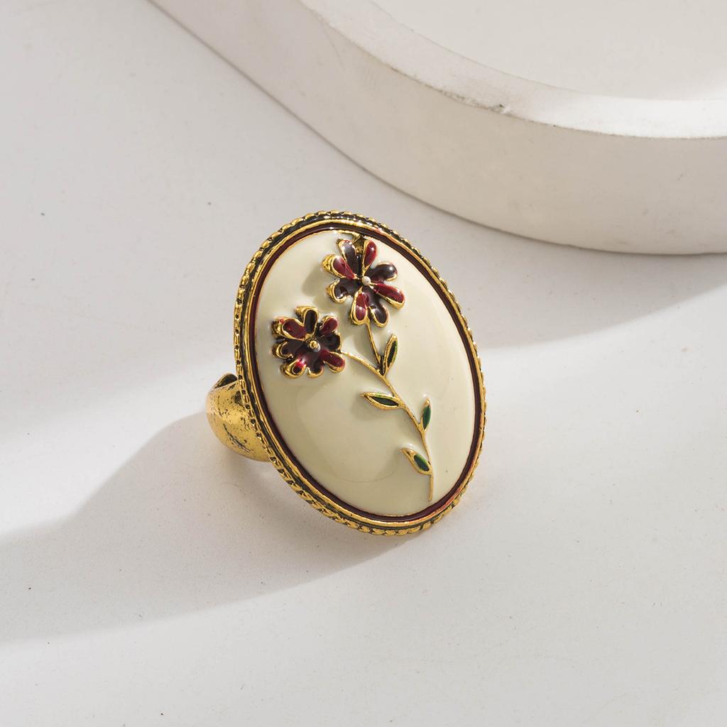 Three-Piece Set Vintage Niche Design Flower Oil Drop Ring for Women Copper Gold-Plated Adjustable Open Ring