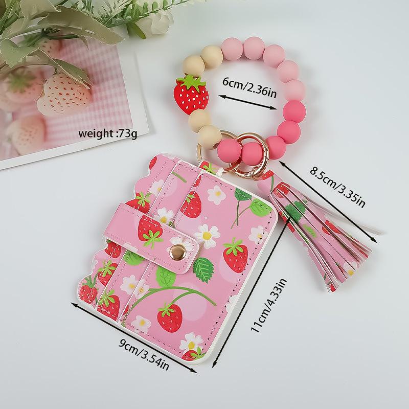 Fruit Print PU Card Holder with Beaded Keychain & Bracelet Wallet