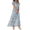 Summer Floral Chiffon Dress With V Neck Short Sleeves For Elegant Casual Wear