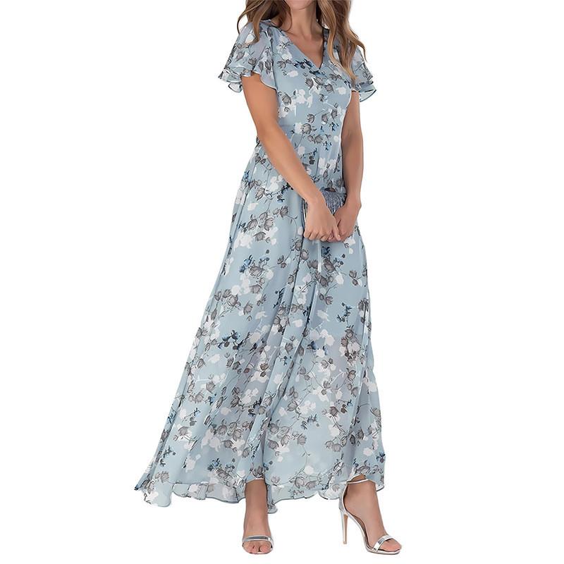 Summer Floral Chiffon Dress With V Neck Short Sleeves For Elegant Casual Wear