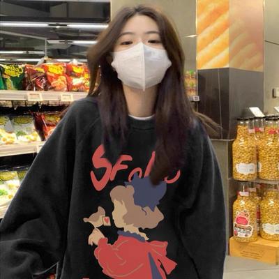 Women's Round Neck Black Sweatshirt Autumn New Ladies Cartoon Print Oversized Long Sleeved Hoodie Top
