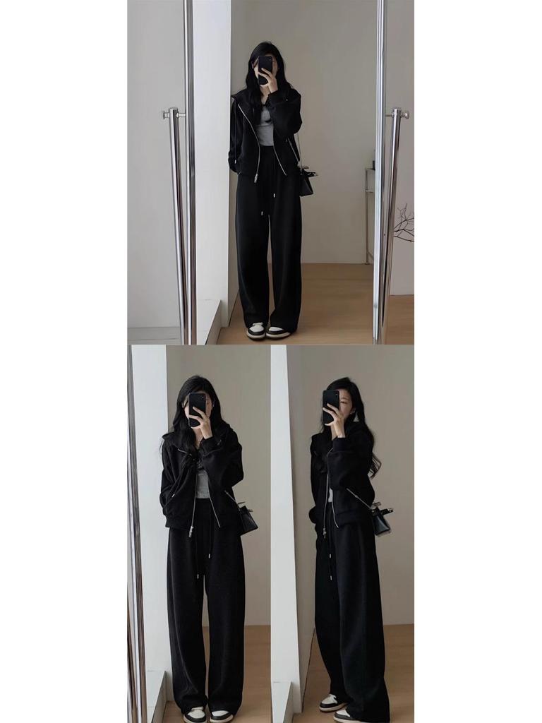 Women's Hong Kong Style Autumn-Winter Casual Sweatshirt & Wide-Leg Pants Set - Age-Reducing, Slimming, Hooded Two-Piece for Running