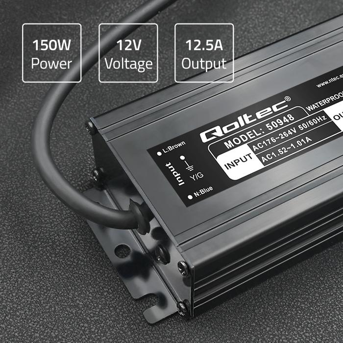 Qoltec LED Switching Power Supply IP67 | 60W | 12V | 5A | Waterproof | Black