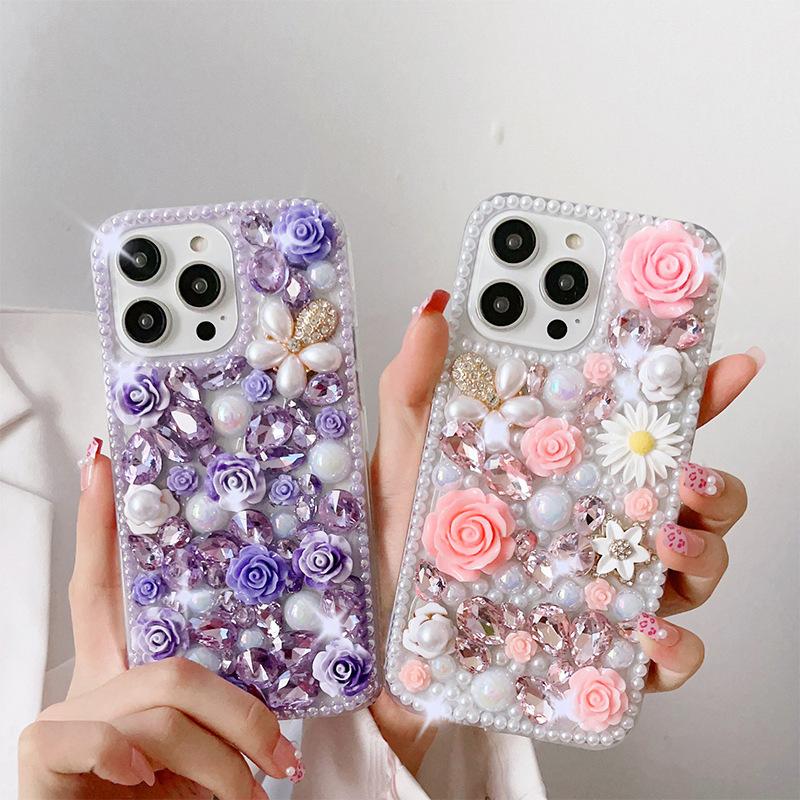 For IPhone16Promax Mobile Phone Case for Apple 14 Rhinestone 13 Pearl Flower Three-dimensional 12 Daisy Luxury Women