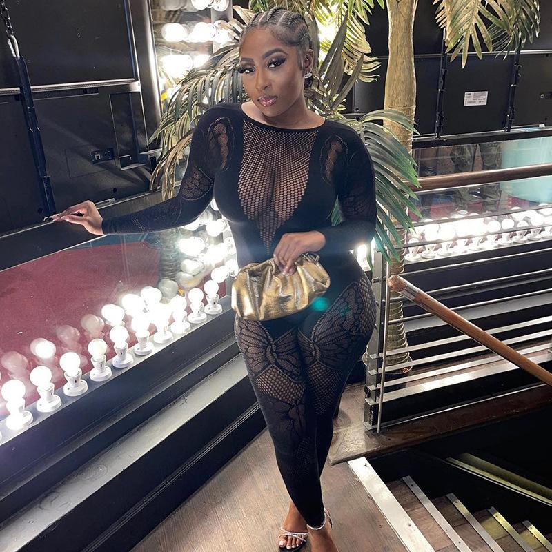 Sexy See Through Jumpsuits Women Long Sleeve Thin Mesh Butterfly Print Elastic Midnight Clubwear Workout Overalls