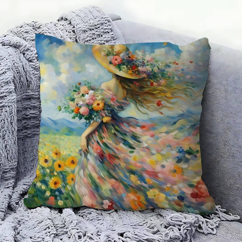 Woman And Flowers Art Oil Painting Personalized Picture Text Home Decorative Pillows Household Gifts 45x45cm