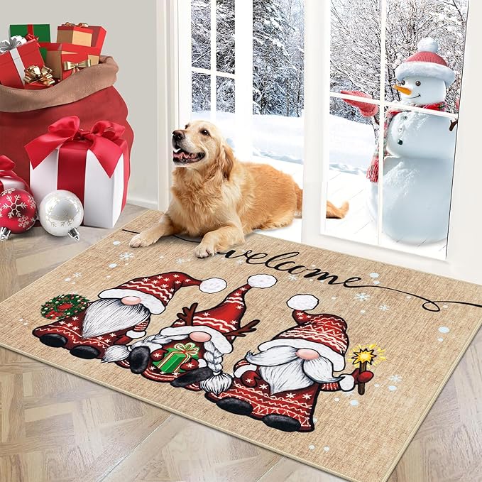 Christmas Carpet Mat Rug Red Plaid Snowflake & Beige Gnome Pattern with Welcome Text Non-slip Home Decoration Welcome Mat
