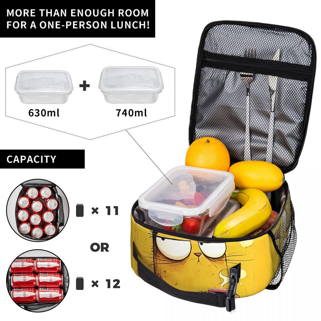 A Yellow Kitten Drinking Coffee Design Insulated Lunch Bag for Women Kids Leakproof Food Boxes Thermal Lunch Box Tote