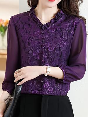 Chemisier vintage à manches 3/4 et à volants pour femme - Élégant chemisier en polyester semi-transparent avec col en V, boutonné sur le devant, été