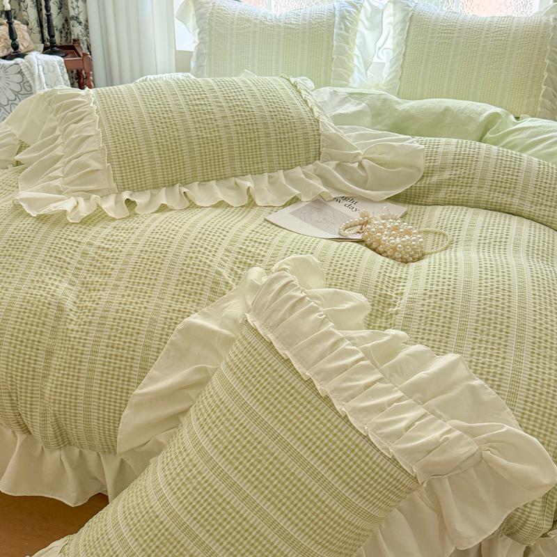 

Розовый комплект постельного белья в корейском принцессном стиле с кружевами и оборками, приятный к коже, из сирса, комплект пододеяльника, простыня на резинке/простыня, наволочки Fitted Bed Sheet&Queen size 4 pcs зелёный