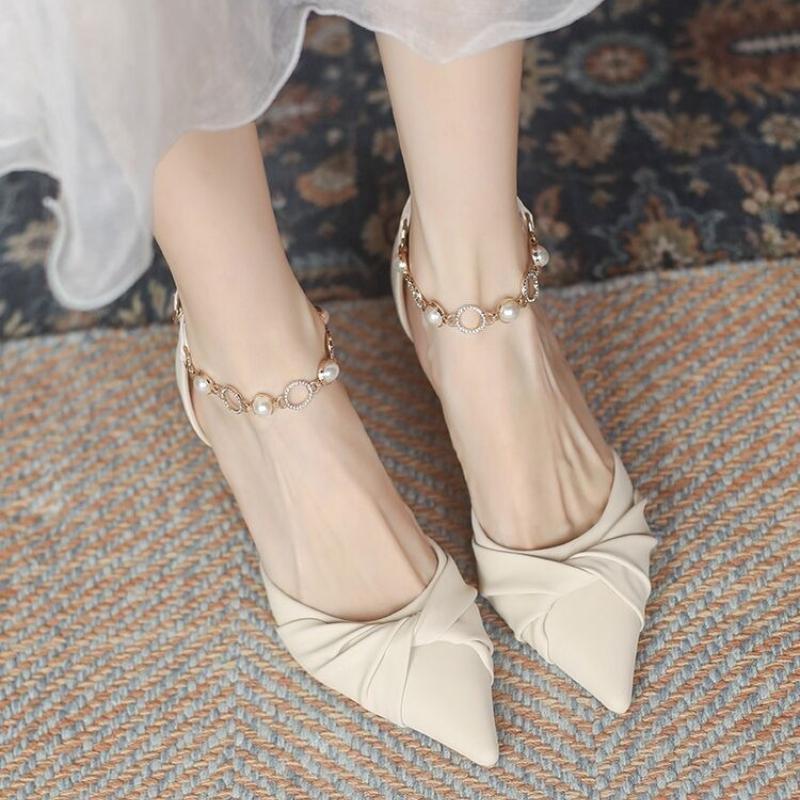 2026 New Elegant French Style Heel Fine Wedding Shoes Women's Pearl Fairy Shoes Versatile Dress Summer Season Rubber Material