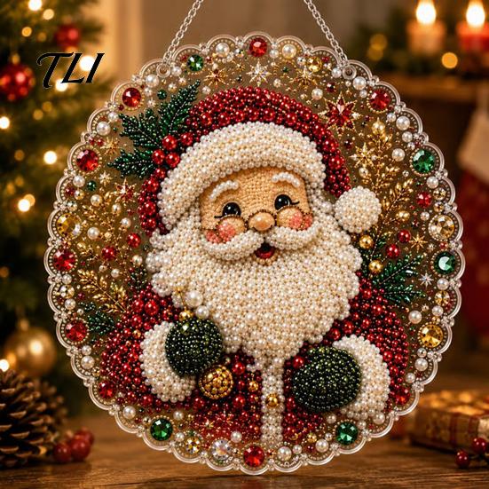 Transparent Acrylic Craft Decor Christmas DIY Faux Diamond Painting Hanging, Santa Wreath Pendant, Pearl Red Green Gifts Beads Kit for Wall