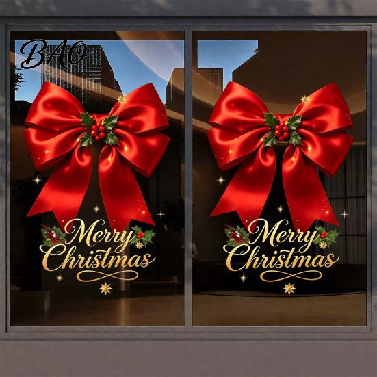 Party Window Decor Christmas Bow Sticker, Red Static Cling, Waterproof Decorative Holiday Gifts Removable PVC Decal for Home Glass Windows Doors