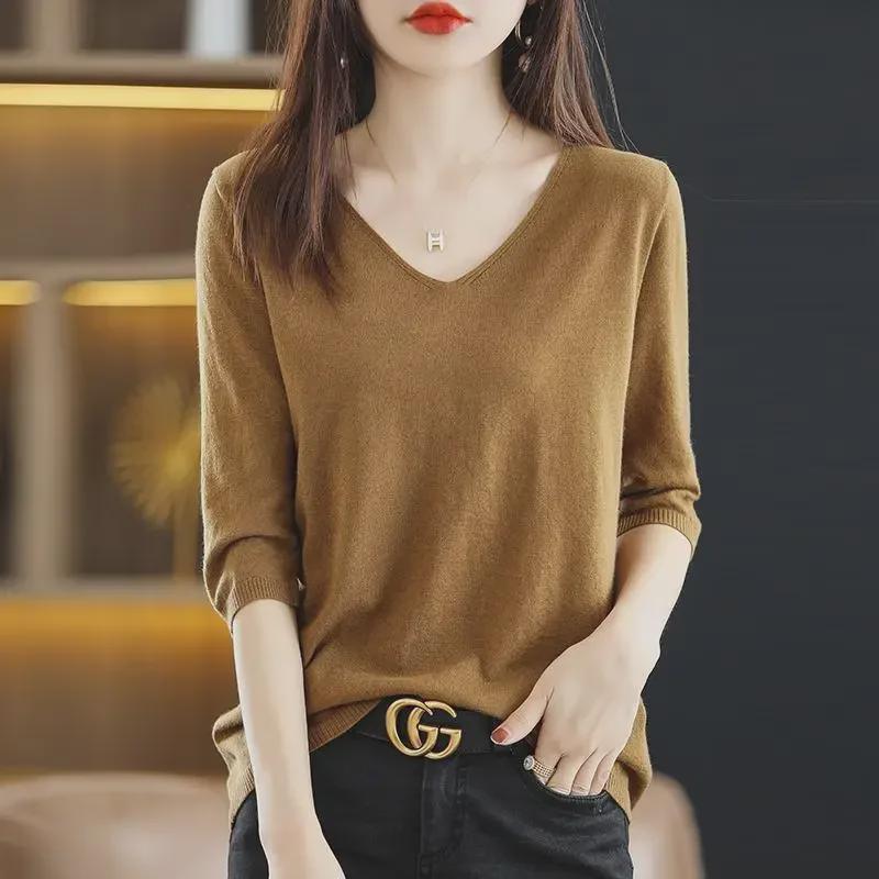 Koreansk Stil Dame V-Hals Mellomlang Erme Løs Strikket Pullover Skjorte - Vår/Sommer Tynn Genser Topp