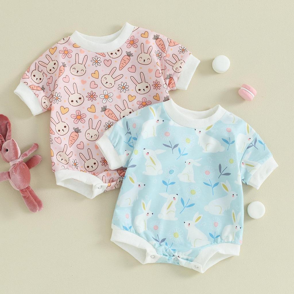 Baby flickor Pojkar Rödbyxor 3M 6M 9M 12M 18M Blomma Kanintryck Rundhals Kortärmad Body Casual påskkläder