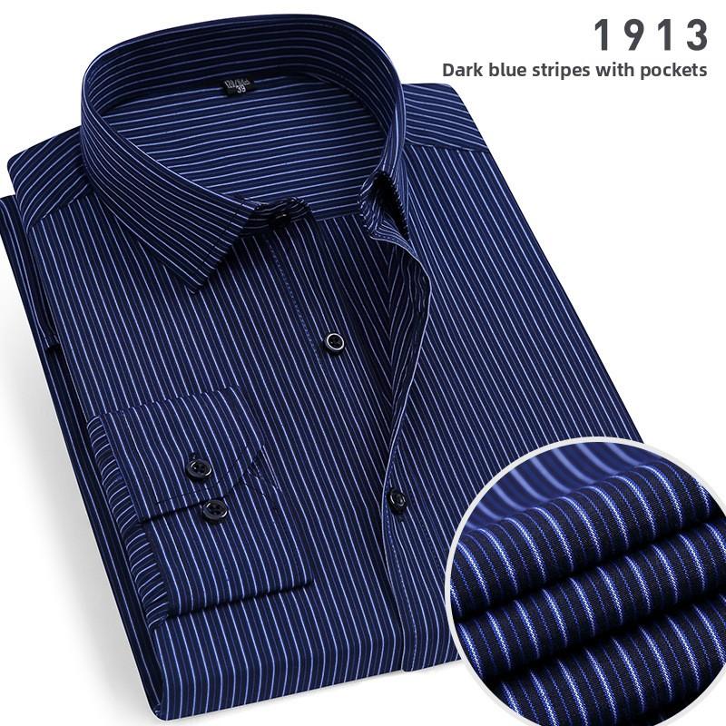 Men's Striped Long Sleeve Shirt, Cotton Blend Square Collar Business Shirt, Lightweight Pocket Top