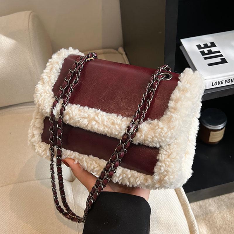 Lamb Wool Splice Retro Chain Crossbody Bag Patent Leather Glossy High-End Texture Shoulder Bag Women New Portable Handbag