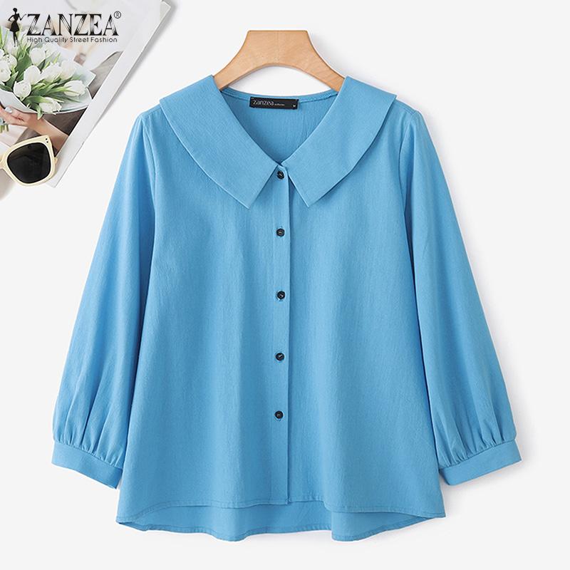 ZANZEA Women Turn Down Collar Loose Casual Long Sleeve Plain Blouse