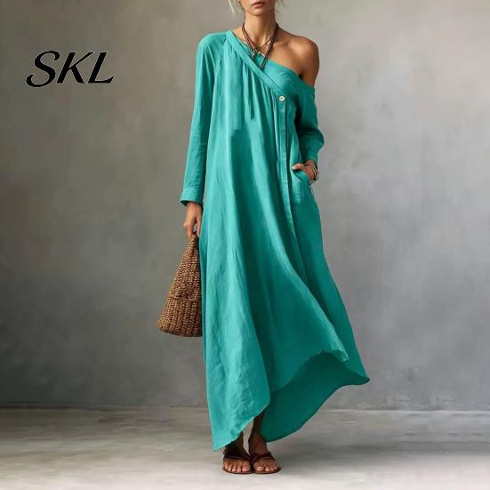 Polyester Dress Women Summer Maxi for Women, Casual Loose One Shoulder Long Sleeve Dress, Flowy Beach Vacation Sundress wwith Pockets Elegant