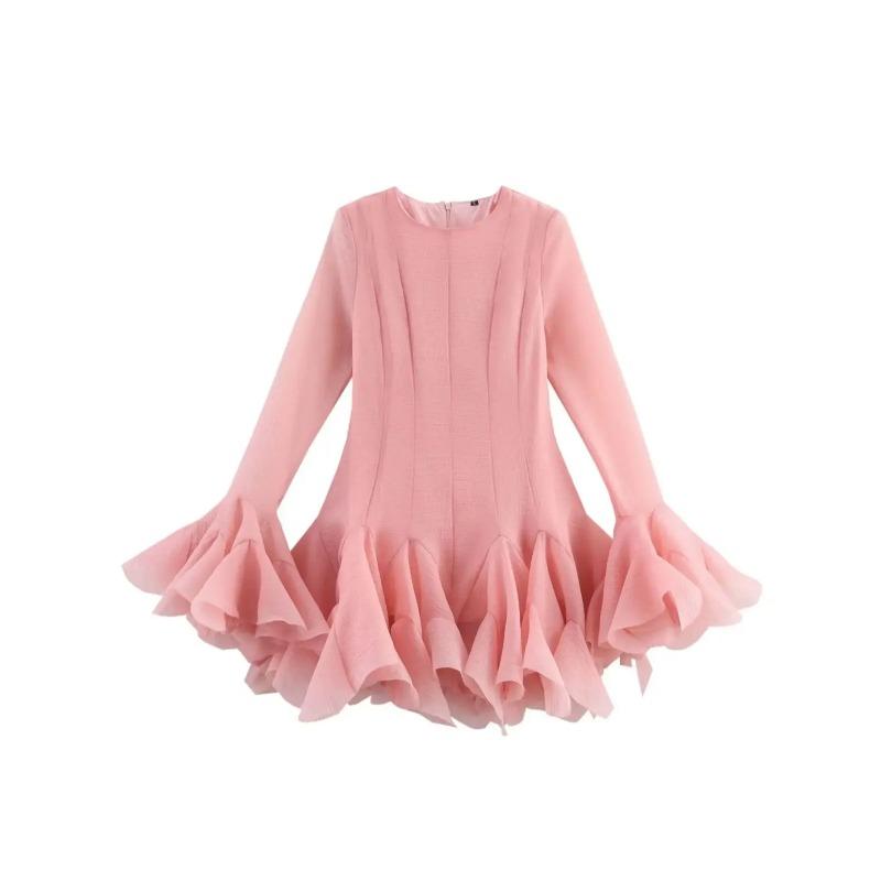 Summer Women s Elegant Layered Ruffled Mini Dresses Lady Sweet Long Flare Sleeve Slim Fit Puffy Robe S