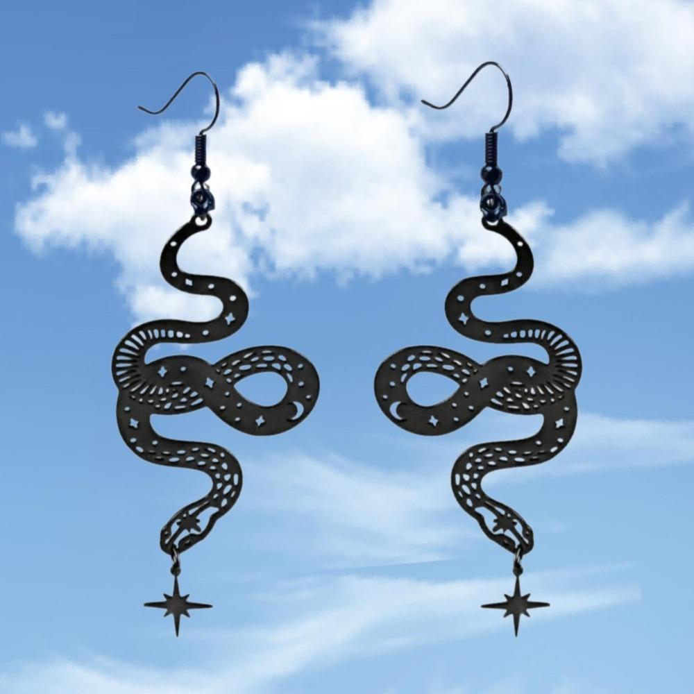 Retro Personality Black Stainless Steel Hollowed-out Pattern Snake Pendant Dangle Earrings for Women Street Hip-hop Jewelry Gift