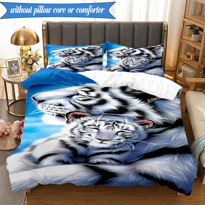 3PCS White Tiger Family Bedding Set,Including 1pc Duvet Cover And 2pcs Pillowcases Perfect for Bedroom, Dormitory, Fan Christmas gift