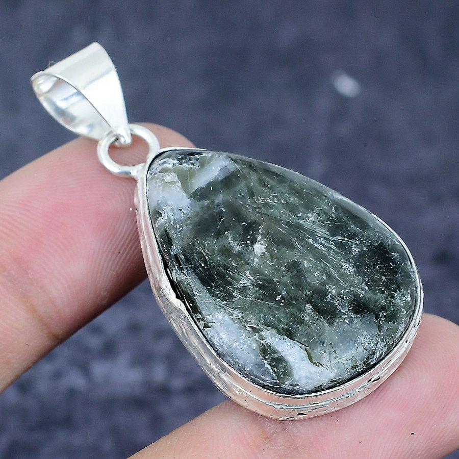 Seraphinite Gemstone 925 Sterling Silver Jewelry Pendant 1.97"