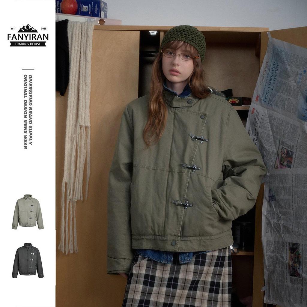 Módní Unisex Retro Praná Metalová Pracovní Bunda - Zimní Stojáček Bavlněný Kabát