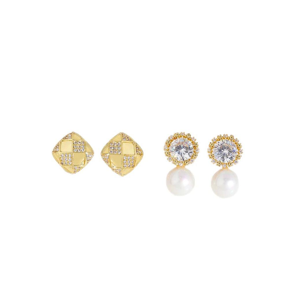 Gold-Plated Diamond Pearl Checkered Snowflake Earrings - French Luxury Design for Women