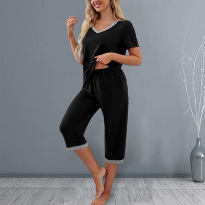 2 Pcs/Set Women Summer Pajamas Flower Printing V Neck Short Sleeve Shirt Elastic Waist Cropped Trousers Homewear Casual Outfit Spring Sleepwear