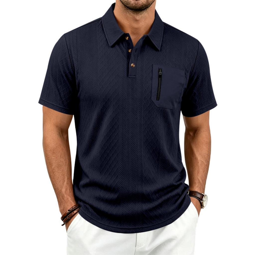 Men's Jacquard Casual Loose Fit Business Short Sleeve Polo Shirt with Collar Pocket and Zipper Detail Suitable for Daily Wear