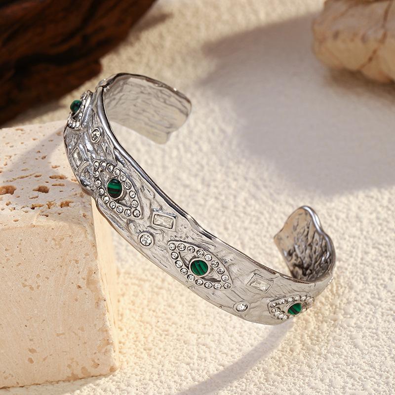 

Vintage Stainless Steel Eye Bangle Waterproof Jewelry 18K Gold Plated Silver Malachite Stone Eye Bangle for Men Women серебряный