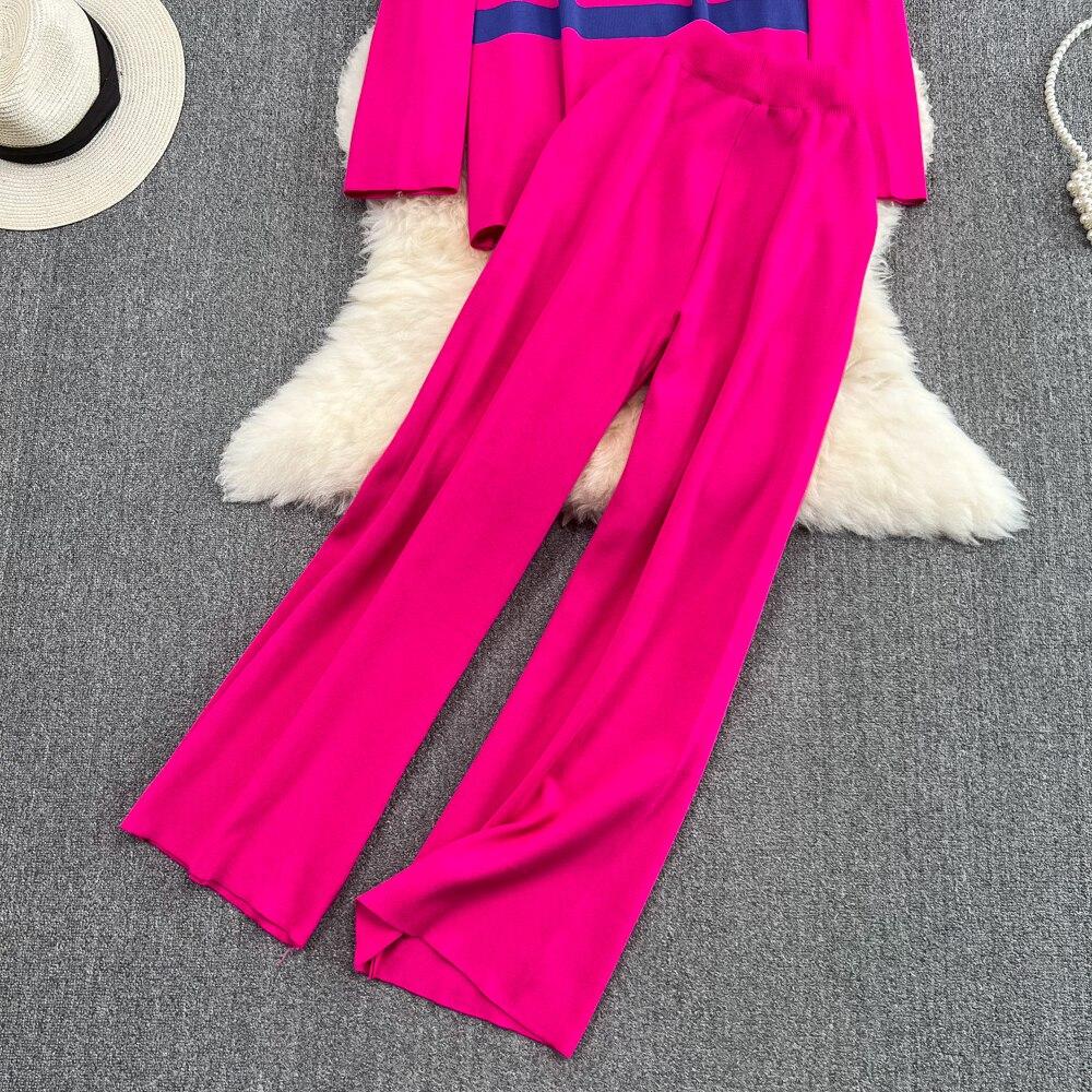 Modny garnitur damski na co dzień ze stójką i zamkiem błyskawicznym w paski, dzianinowy top dwuczęściowy zestaw z wysokim stanem, prostymi rurkami, długimi spodniami z szerokimi nogawkami