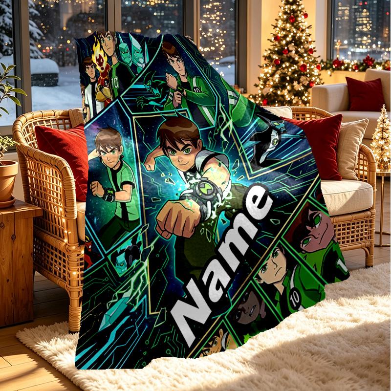 Custom Name Personalized Ben 10 Cartoon Print Blanket, Home Decor, Bedroom, Sofa, Camping, Couch, Gifts for Birthday ChristmasEnthusiasts