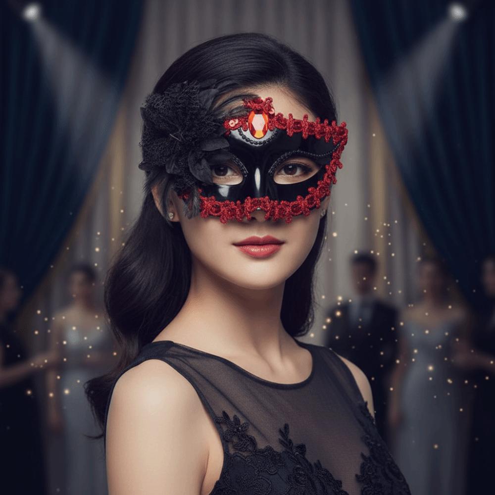 Half Face Cut Masquerade Eye Mask Rhinestone Embedded Side Flower Trim Mardi Gras Eyewear Soft Feather Accent Ribbon Tie Closure