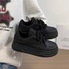 Black Platform Versatile Board Shoes Women's Autumn Leather Lace-up Casual Shoes Campus Style Lace-up Running Shoes