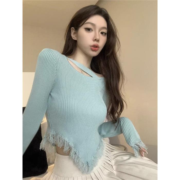 

Чистый нерегулярный бахрома аккуратная машинная утечка ключица длинный рукав низ трикотажный женский уникальный шикарный маленький топ One size