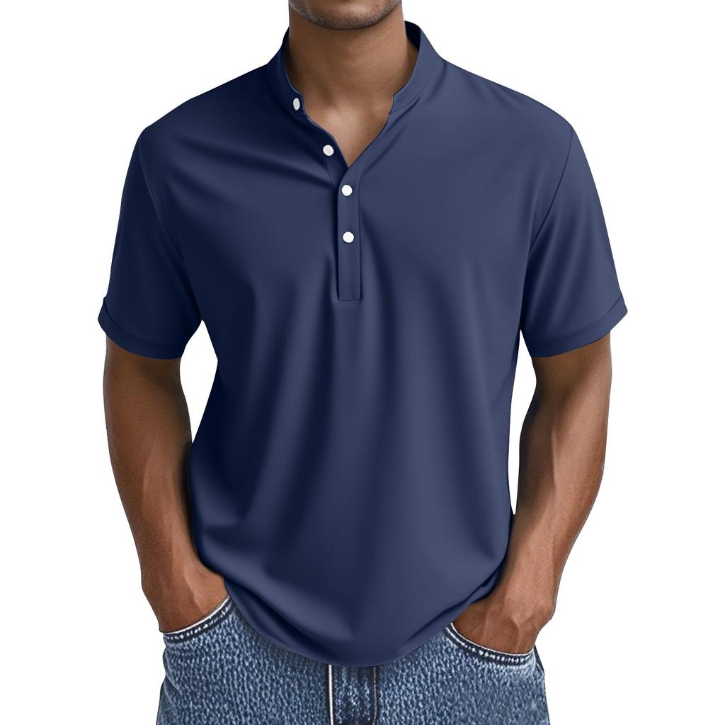 Men's Summer Solid Color Button Collar Short Sleeve Tops Men's Casual Loose Fashion Tops