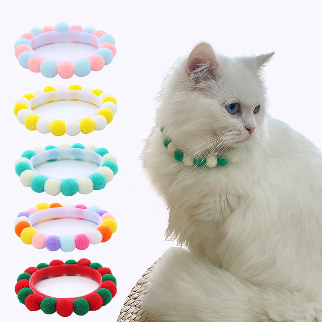 Set of 5 Soft Plush Cat Collars with Colorful Pompoms for Cat Dogs Birthday Party Cat Neckwear Festival Pet Collars