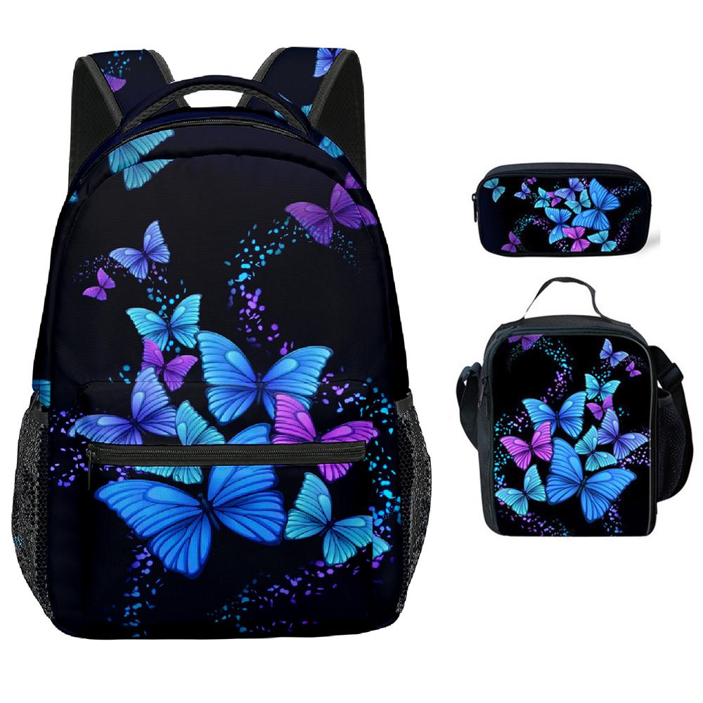 Klassiek Nieuwigheid Cool Mooi vlinder 3D Print 3 stuks/Set Student Schooltassen Laptop Rugzak Crossbody Lunchtas Etui