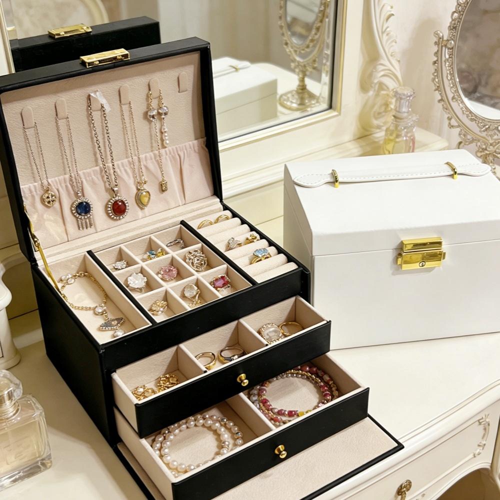 Simple Three-Layer Leather Drawer Jewelry Box Earrings Jewelry Storage Box Stud Earrings With Lock Jewelry Box Set