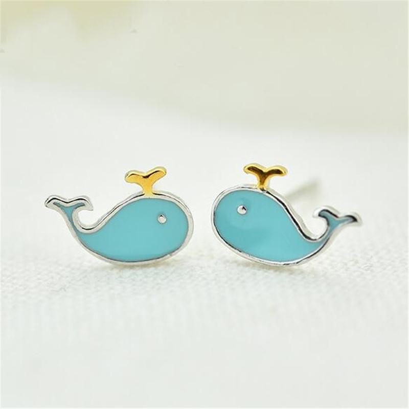 

New Fashion Beautiful Female Jewelry Sweet Whale 925 Sterling Silver Cute Blue Fish Dolphin Epoxy Animal Stud Earrings E134 срібний