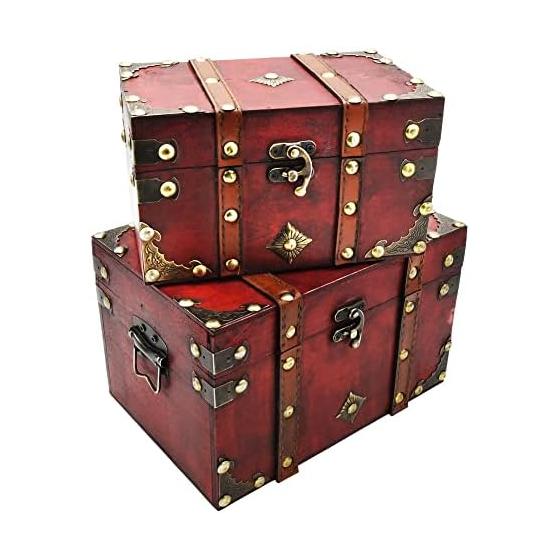 Wooden Treasure Box Jewelry Box with Metal Fittings Retro Antique Accessory Case Interior (large and Small Set)