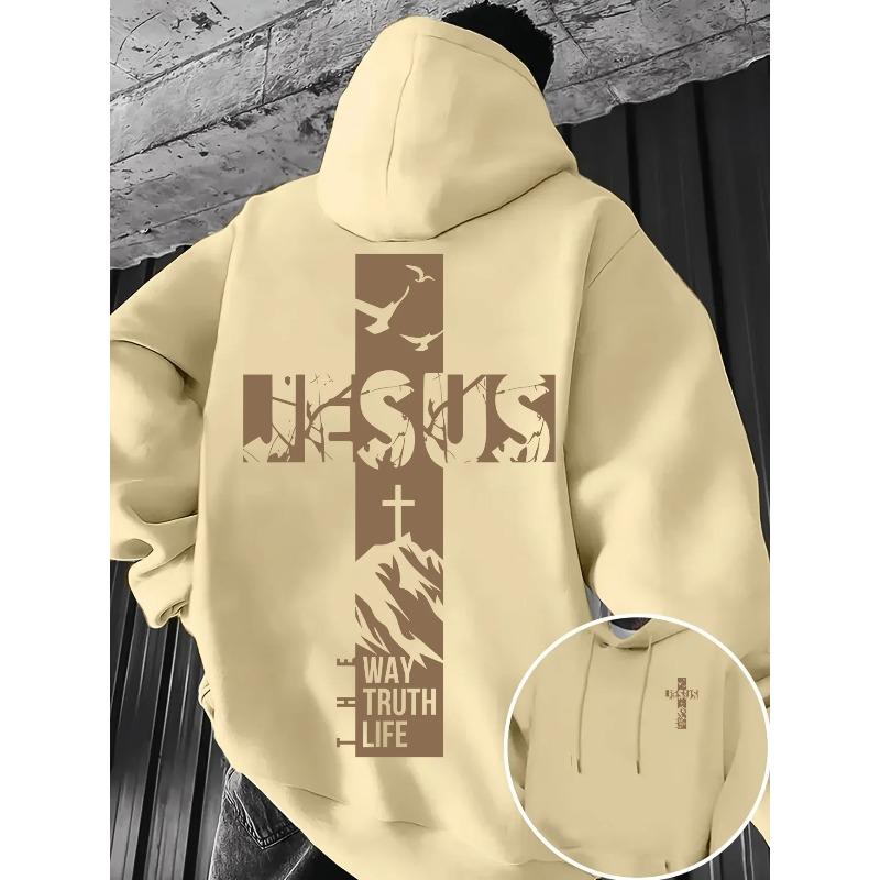 Men Autumn Winter Fleece Hoodie Jesus Cross The Way Truth Life Back Print Hooded Sweatshirt Streetwear Long Sleeve Daily Life