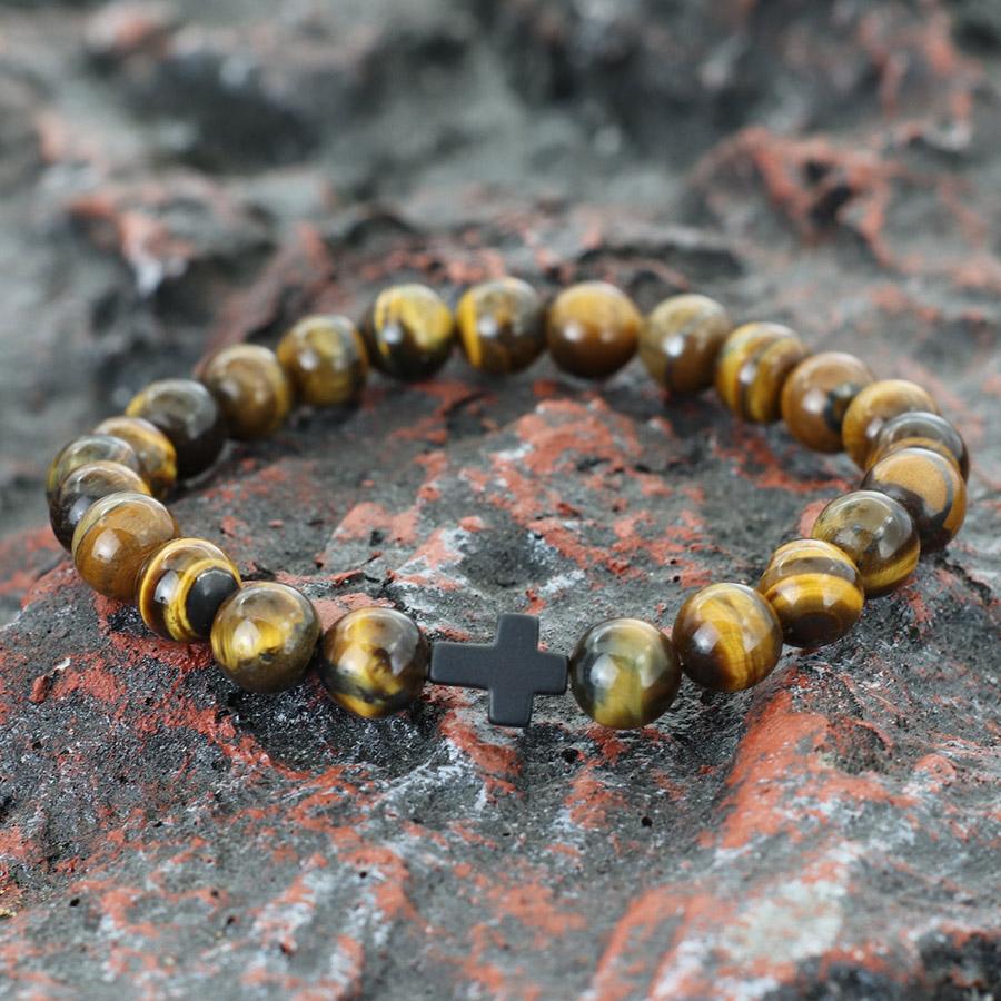 Minimalist Cross Bracelet Men Natural Tiger Eyes Lava Howlite Stone Beaded Braclet Healing Meditation Casual Accessories Joias