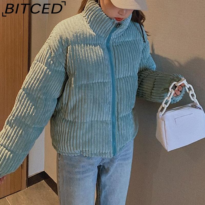 BITCED Winter Women's Stand Collar Short Corduroy Quilted Down Jacket Loose-Fit Lightweight Cotton-Padding Coat