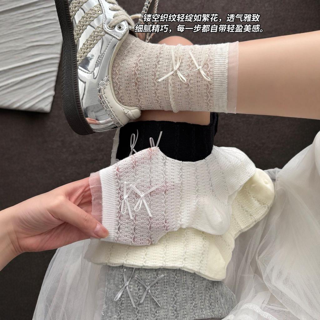 Miu Bow Socks Women'S Summer Thin Medium Tube Socks Japanese Hollow Silk Socks Lace Lace Stacking Socks