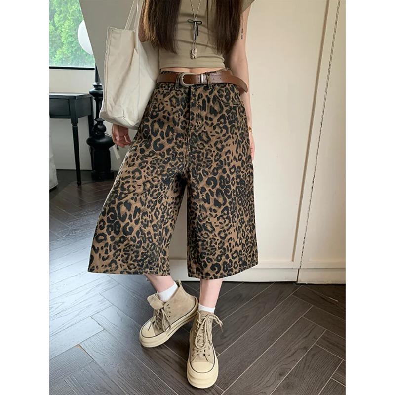 Women s High Waist Leopard Print Wide Leg Culottes Denim Jeans S