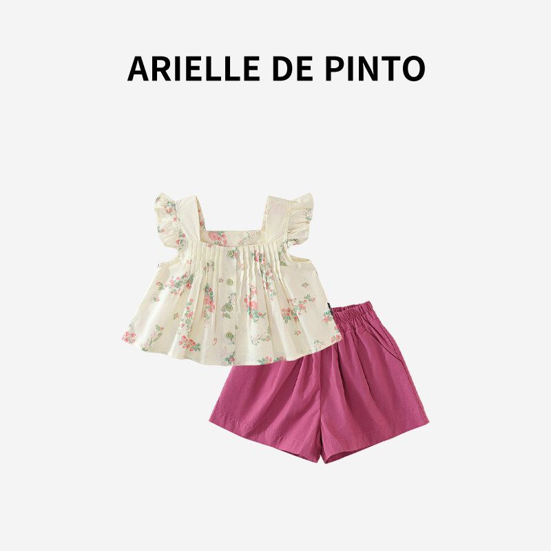 French Arielle De Pinto Girls  Summer Outfit, Fresh Floral Top and Pink Shorts Two-Piece Set Suit 140